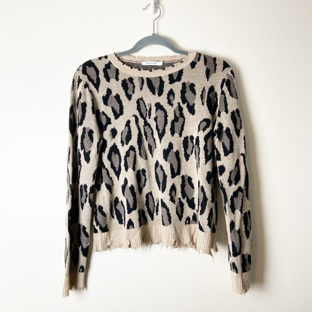 AVEC LES FILLES •Women’s Leopard Animal Print Crewneck Frayed Hem Sweater Size S